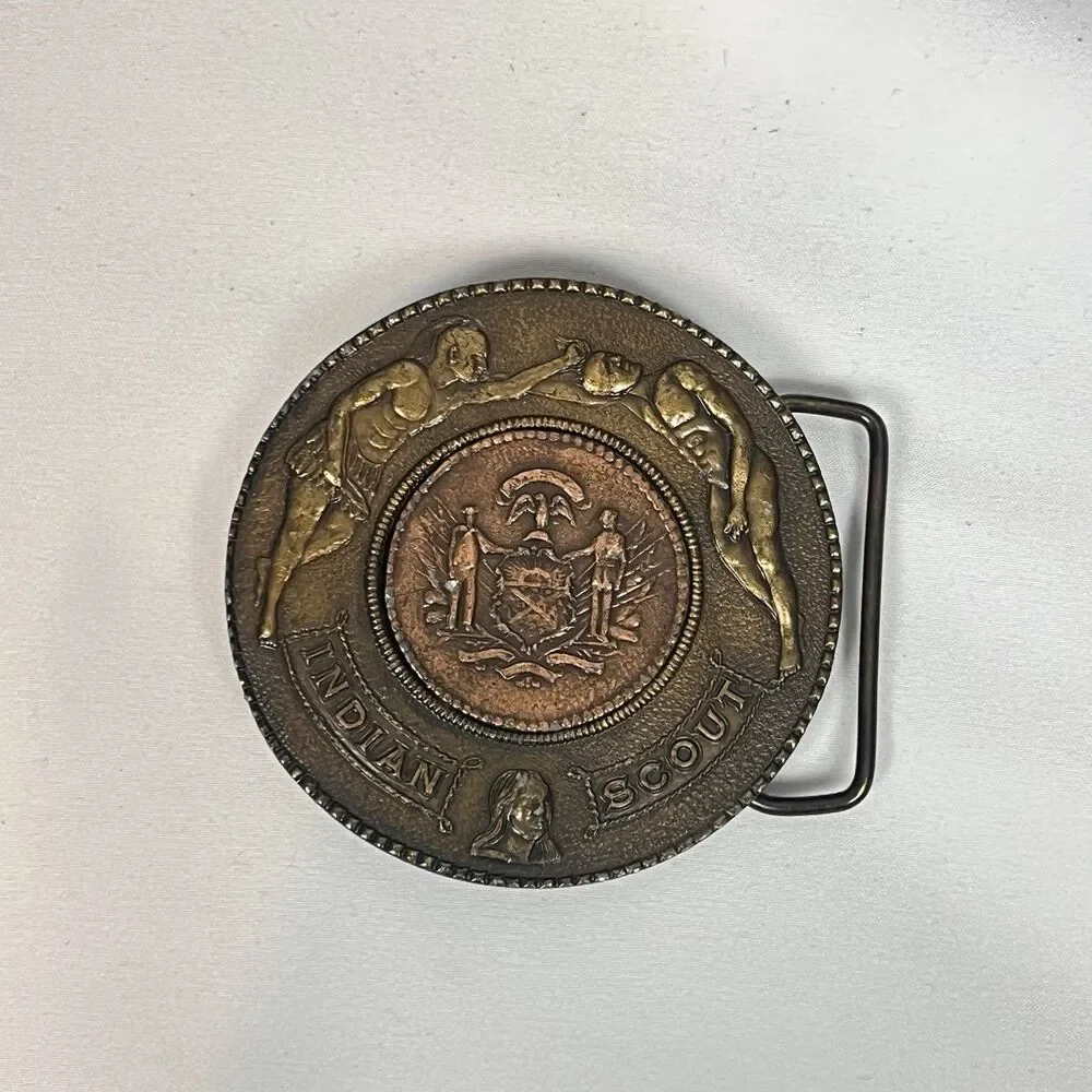 Vintage Indiana Scout Brass Belt Buckle State Seal Copper Tone Western 3 Inch